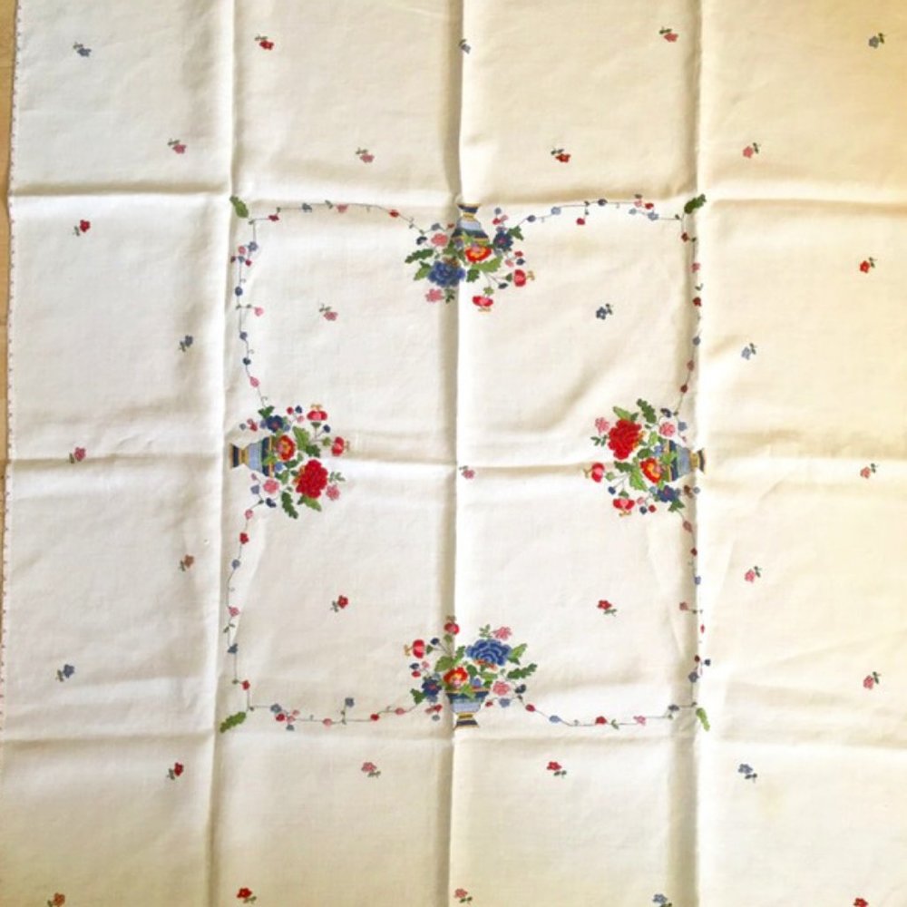 Colorful Floral Embroidered White Linen 41 1/4 x 40" Farmhouse Country C…